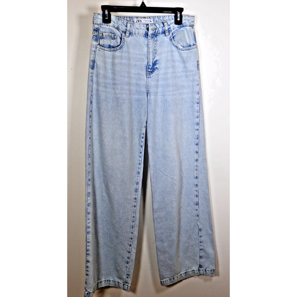 ZARA WOMAN SUPER WIDE-LEG SIZE 4 BLUE JEANS Distressed EUR 36 High RISE RN 77302